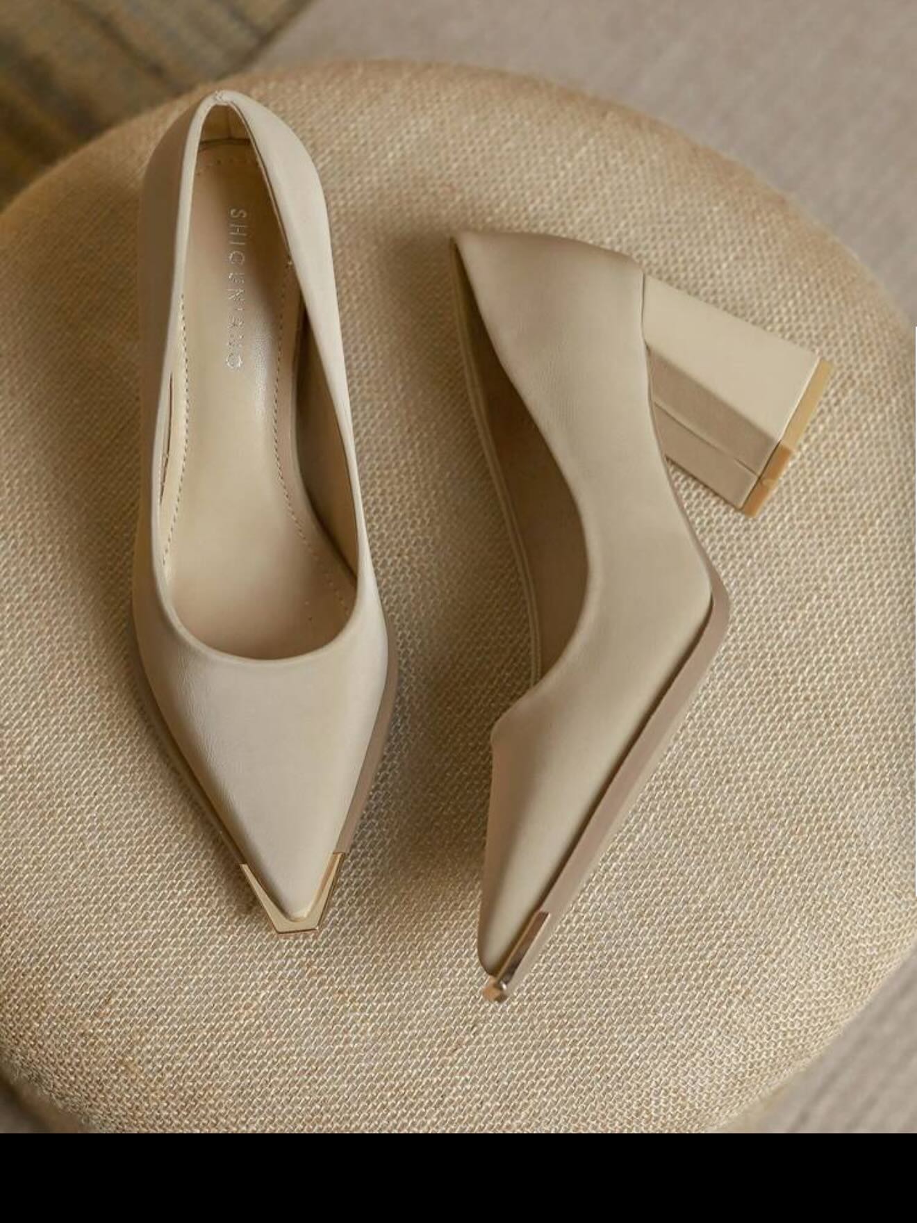 Metal-Tip Pointed-Toe Block Heel Chunky Shoe